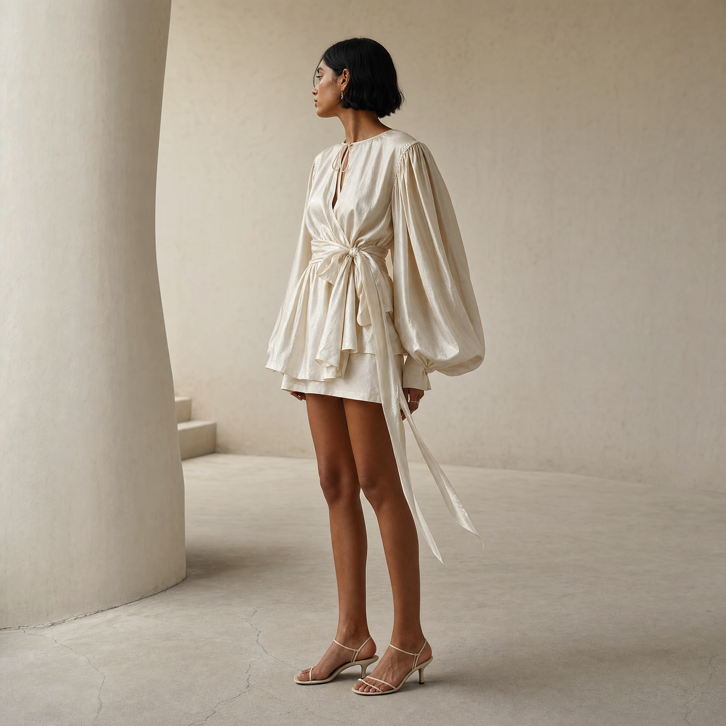 Astrid Blouse — side silhouette emphasizing balloon sleeve volume and peplum flare