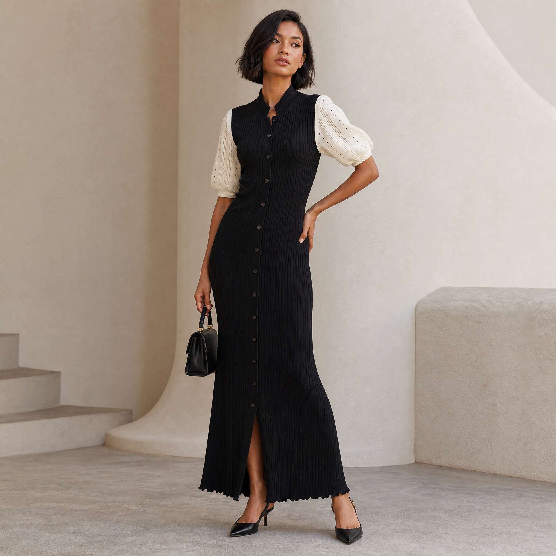 Selene Knit Maxi — 3/4 angle, hand at hip, full silhouette visible