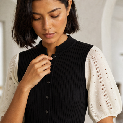Selene Knit Maxi — detail crop, button placket and sleeve contrast at shoulder