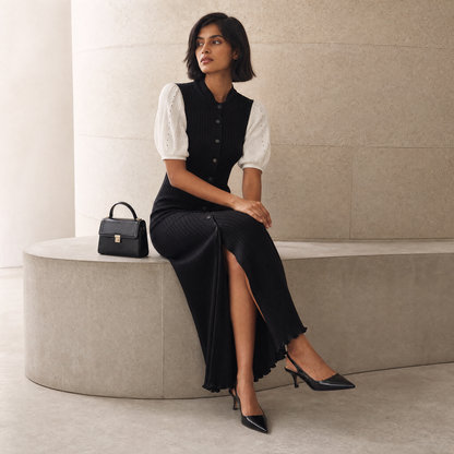 Selene Knit Maxi — lifestyle, seated on concrete ledge
