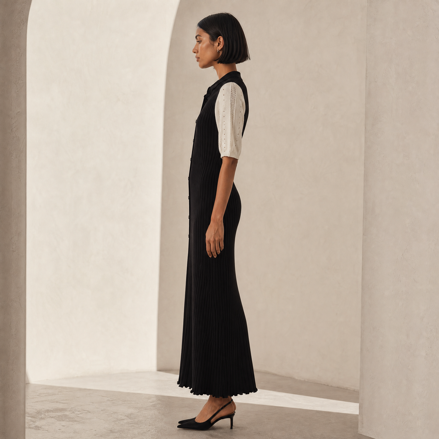 Selene Knit Maxi — side profile silhouette showing fit and lettuce-edge hem