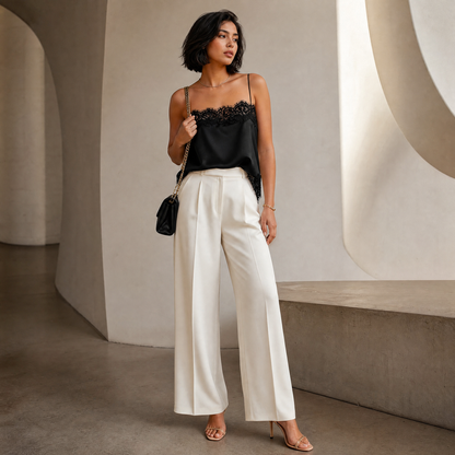 Saga Lace Cami — styled with cream wide-leg trousers, lifestyle