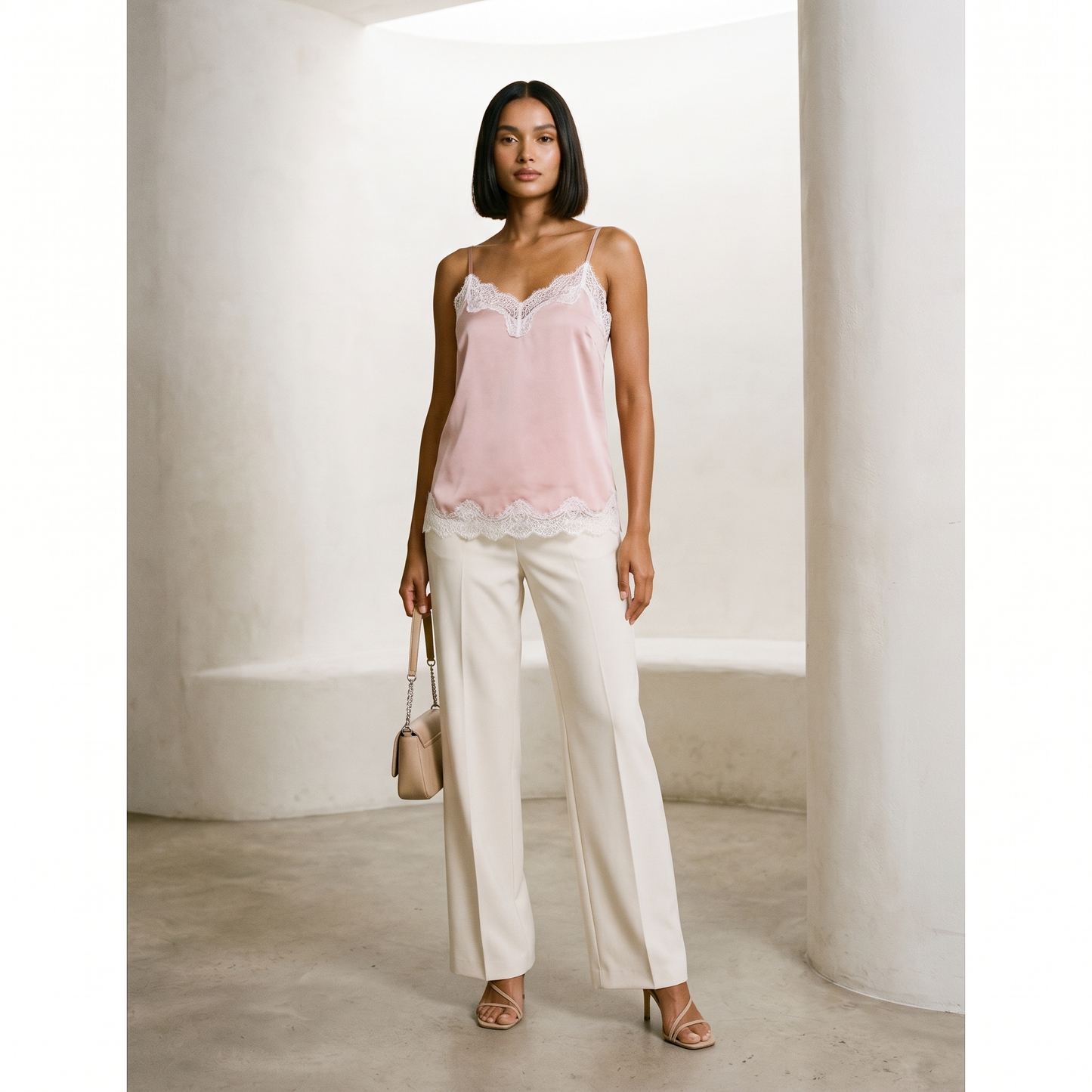 Saga Lace Cami in Blush Pink with white contrast lace