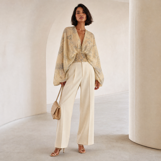 Linnea Cape Blouse — hero front, cream chiffon with light blue toile print