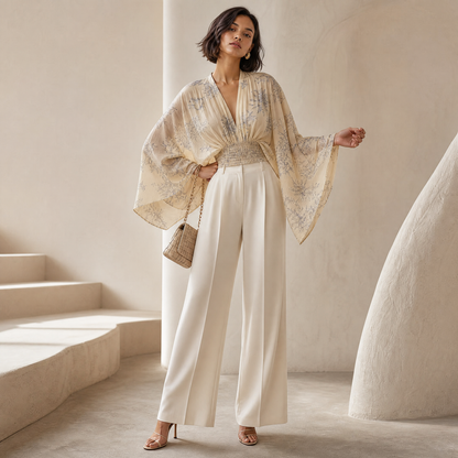 Linnea Cape Blouse — 3/4 angle, hand at smocked waist
