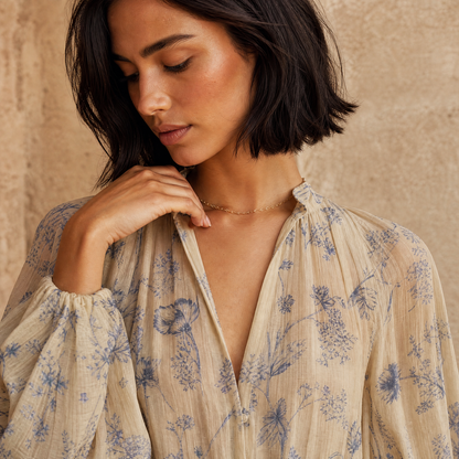 Linnea Cape Blouse — V-neckline detail close up