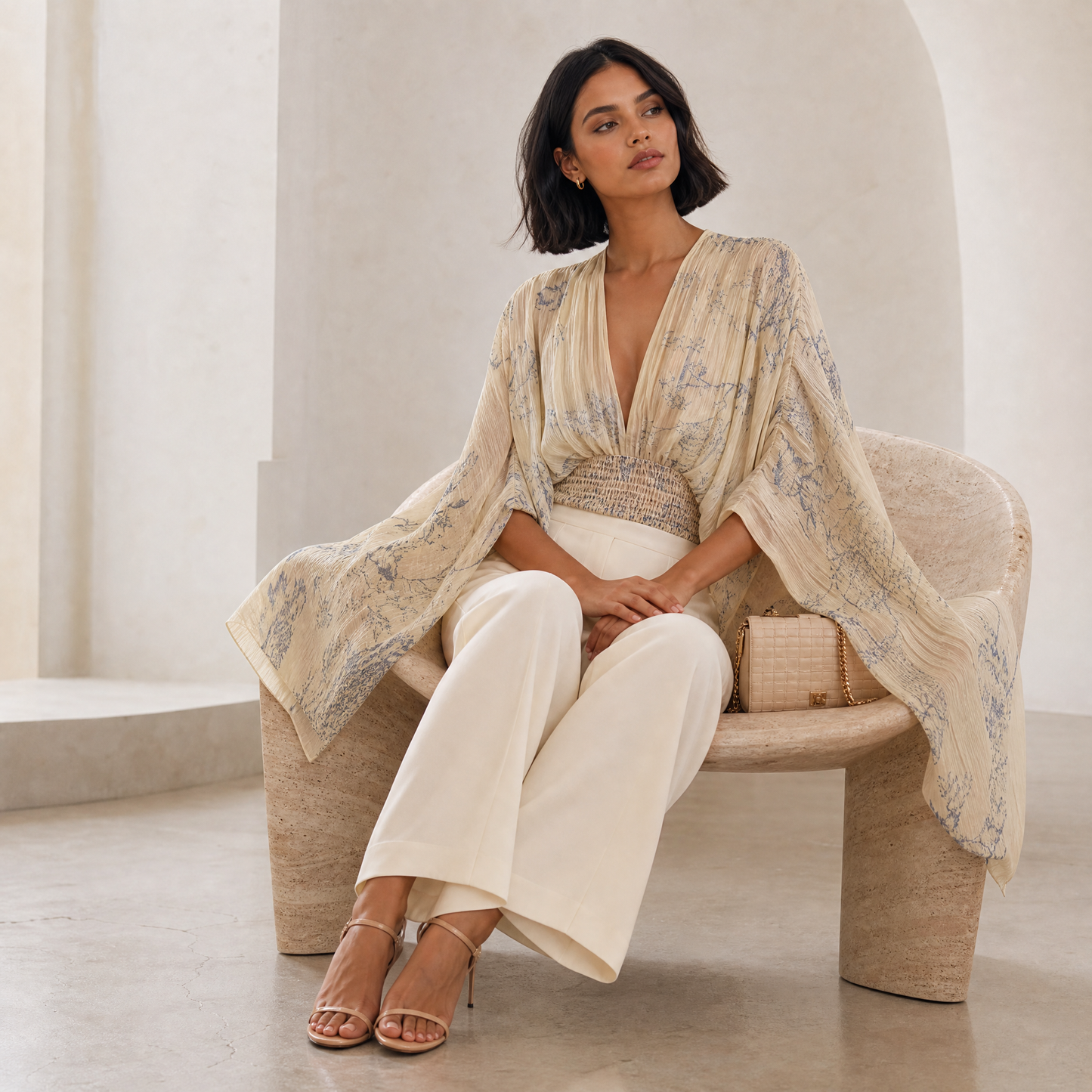 Linnea Cape Blouse — seated lifestyle