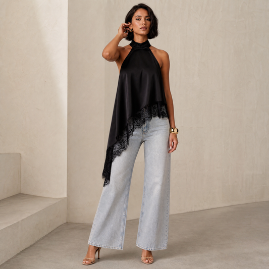 Vega Halter Top in Black — hero styled with light wash denim