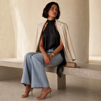 Vega Halter Top — seated lifestyle with blazer styling