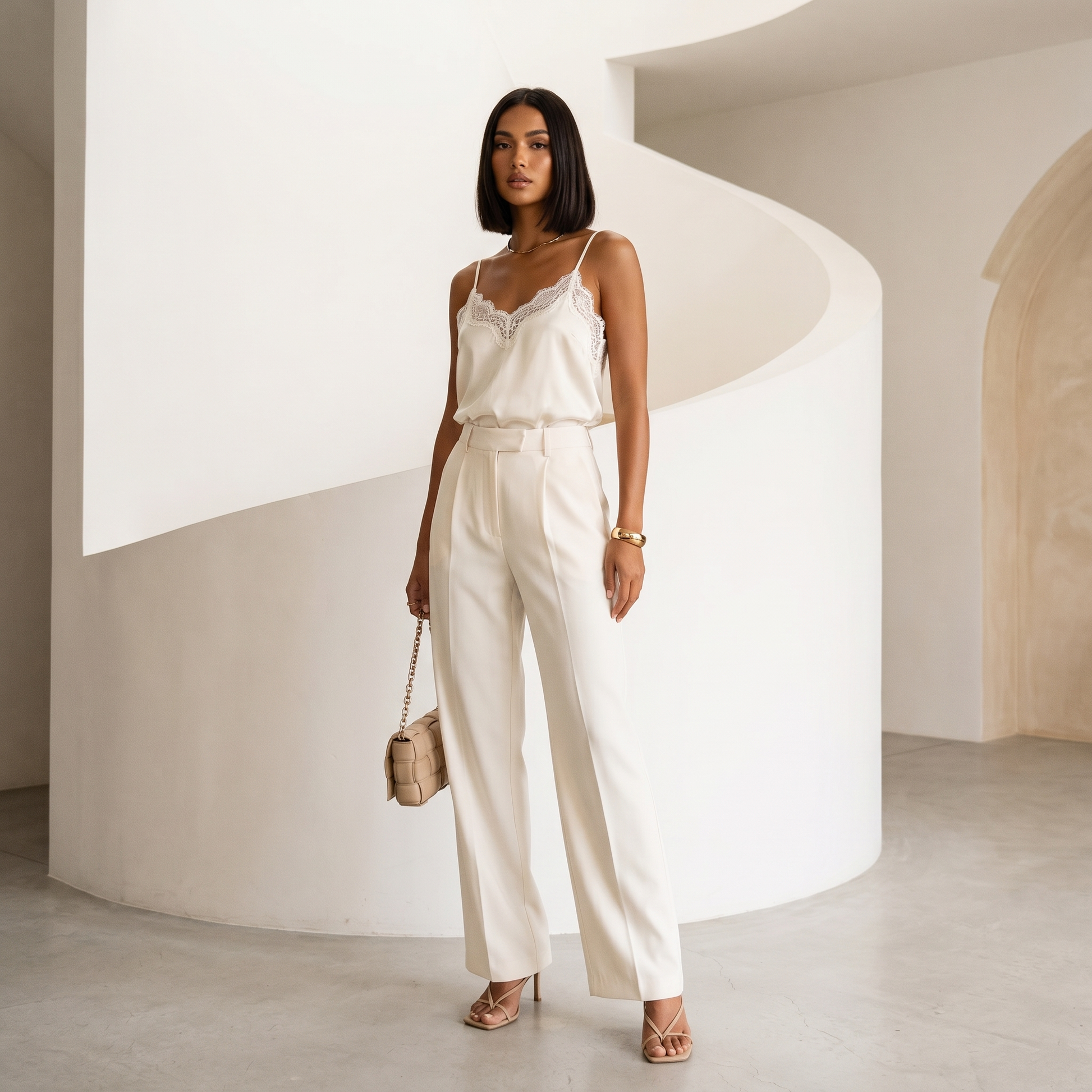 Nora Silk Cami — hero styled with cream wide-leg trousers