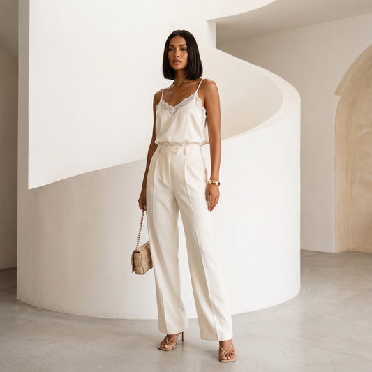 Nora Silk Cami — hero styled with cream wide-leg trousers