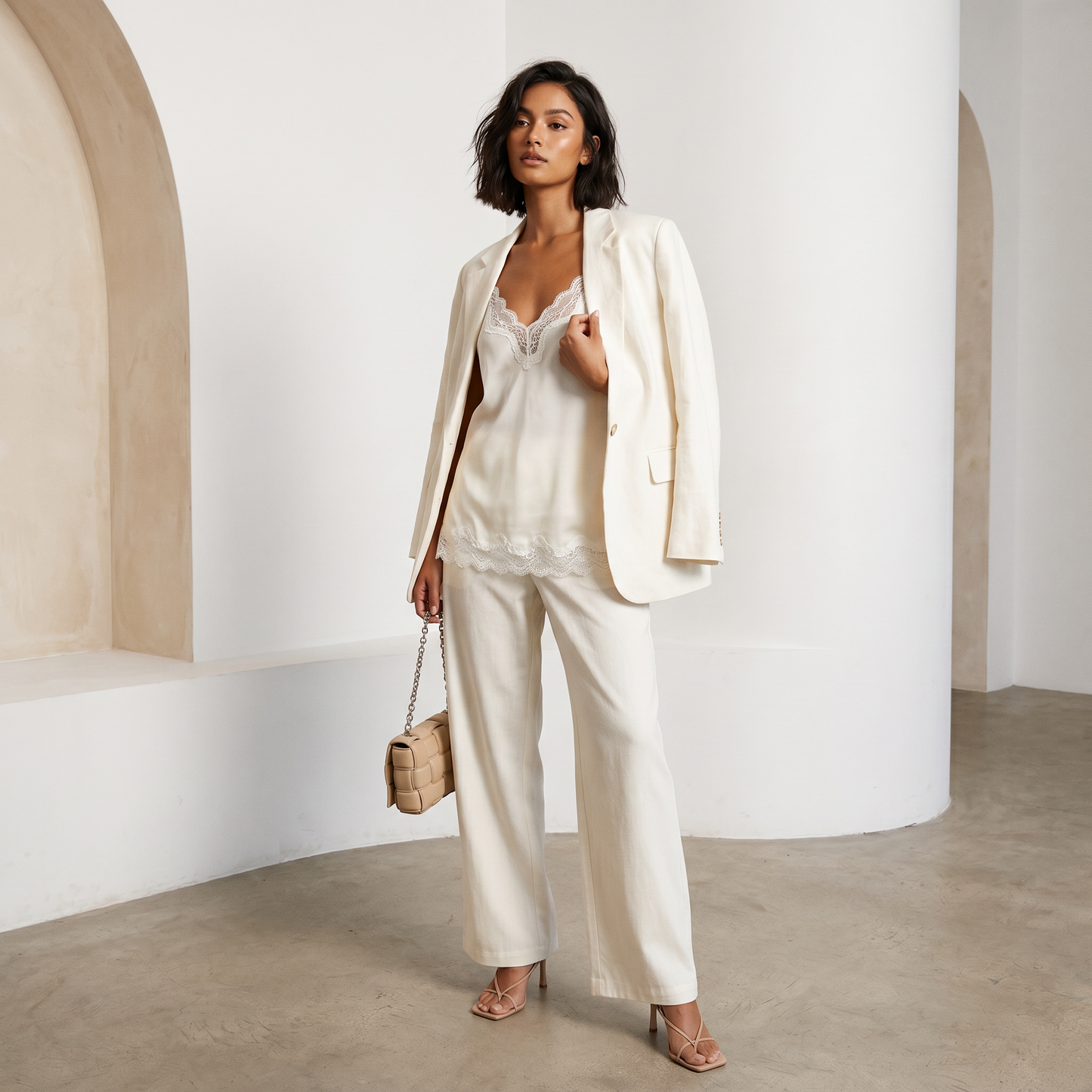 Nora Silk Cami — 3/4 angle styled with cream blazer