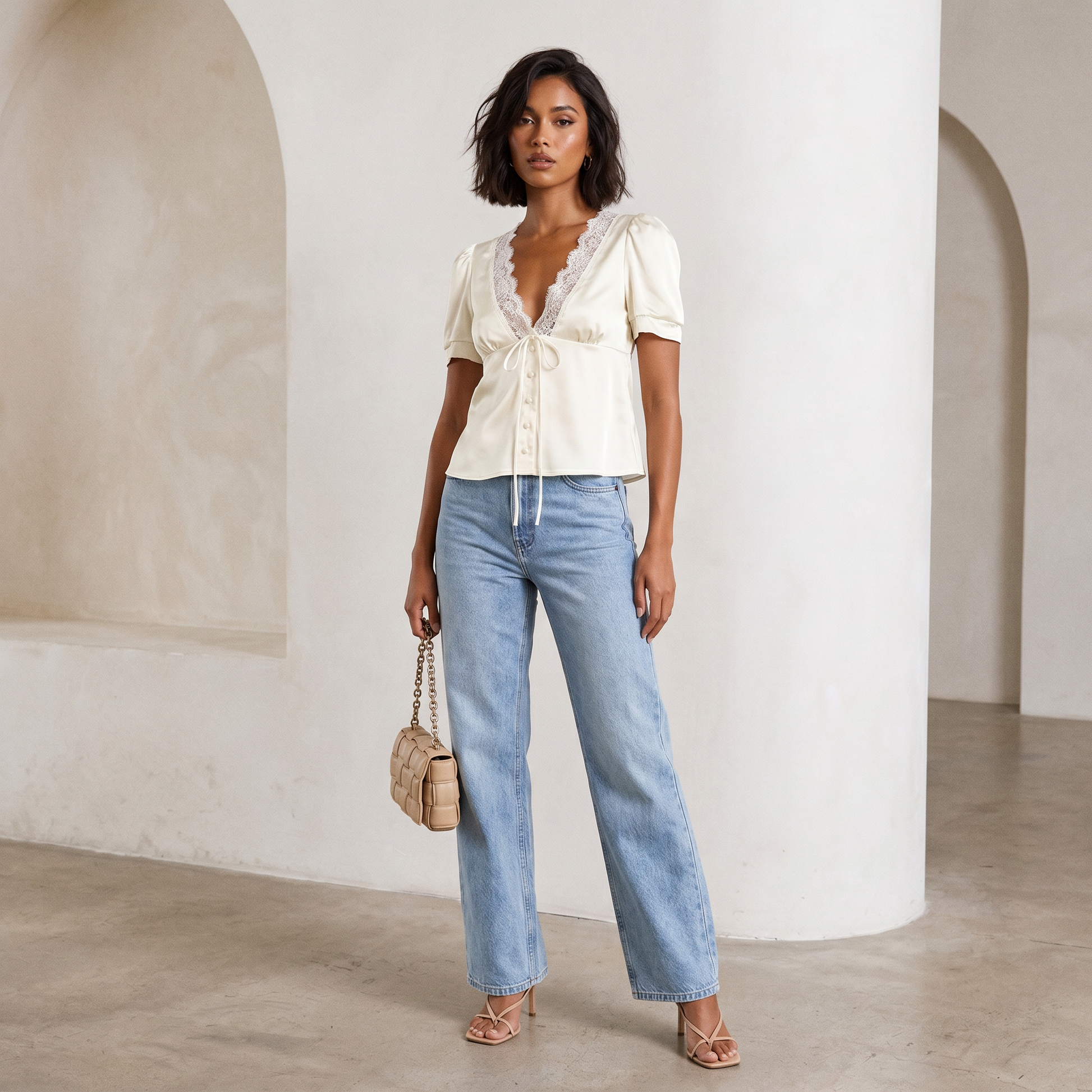 Mira Babydoll Top — hero styled with light wash denim