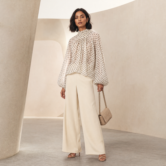 Ingrid Polka Blouse in Cream with brown dots