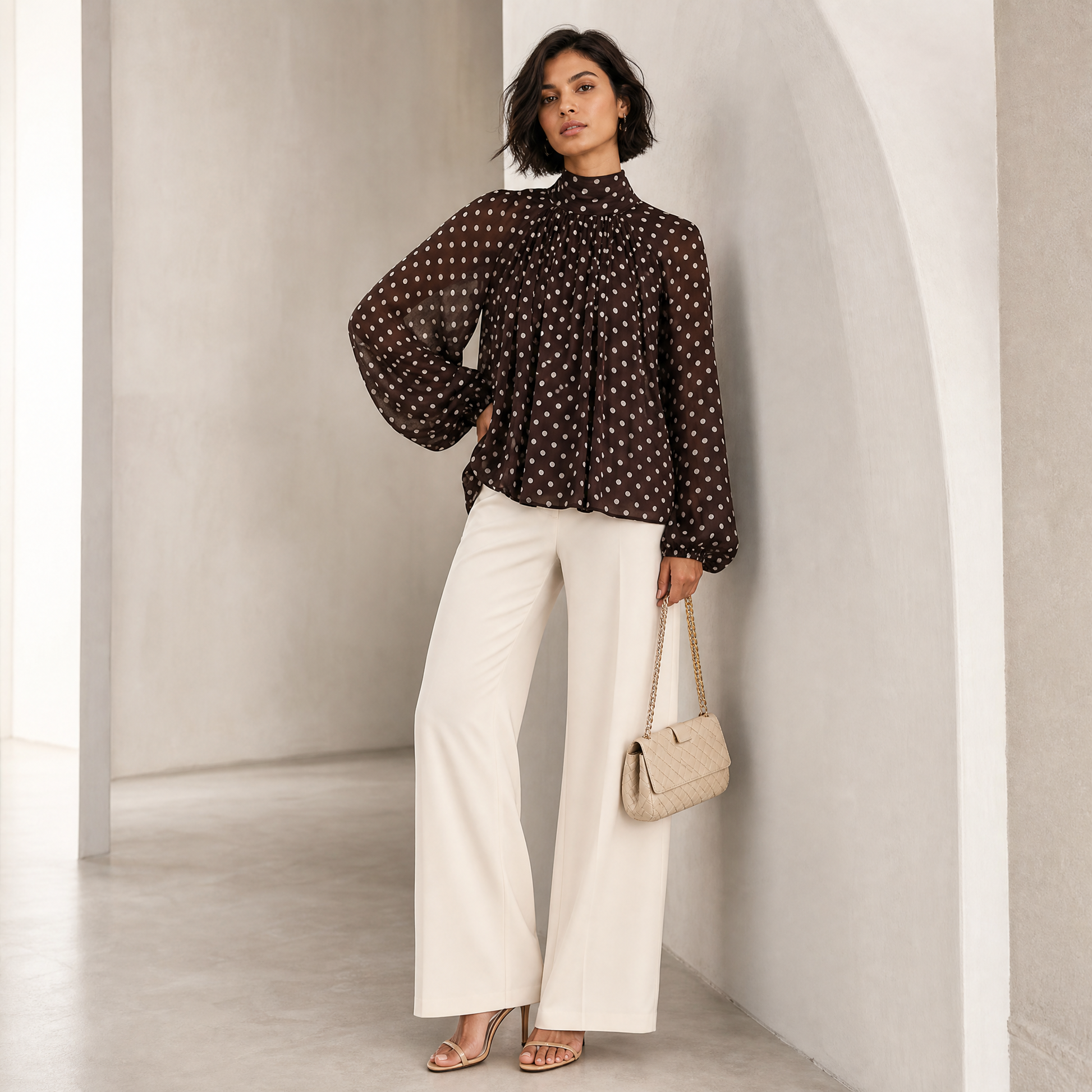 Ingrid Polka Blouse in Chocolate with cream dots