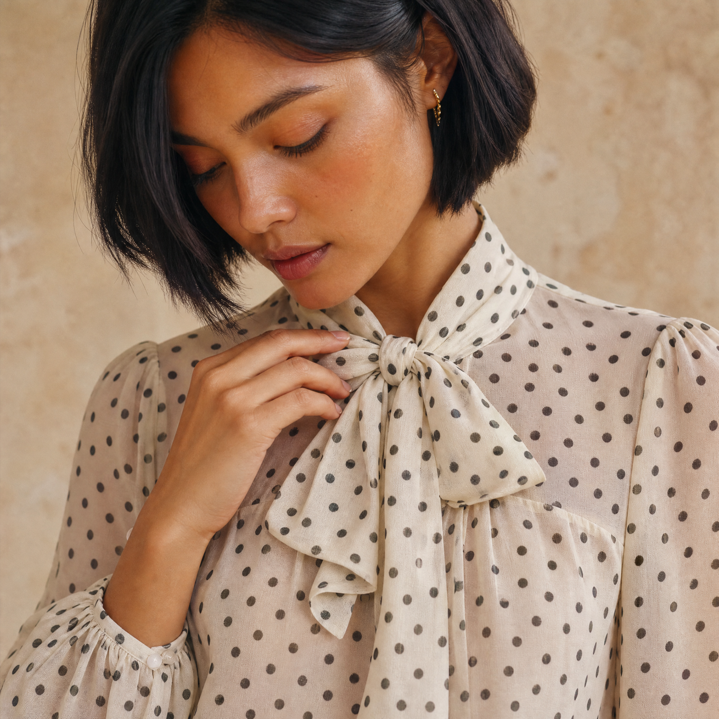 Ingrid Polka Blouse — mock neck bow tie detail close-up