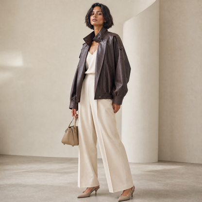 Freya Leather Jacket in Chocolate — styled with cream trousers