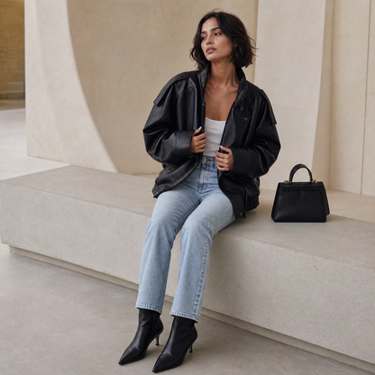 Freya Leather Jacket — seated lifestyle with denim