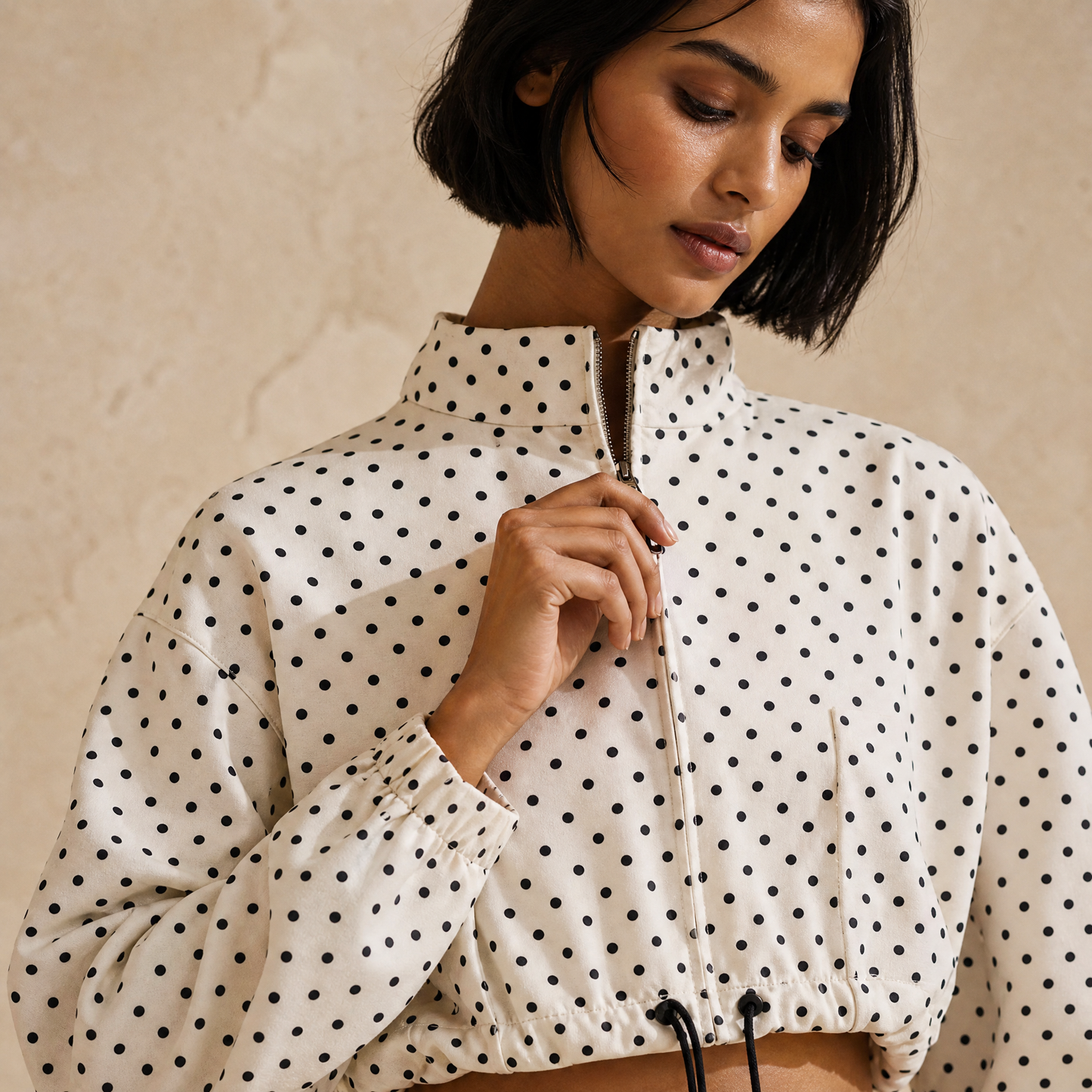 Hedda Polka Set — cropped jacket detail at half-zip placket